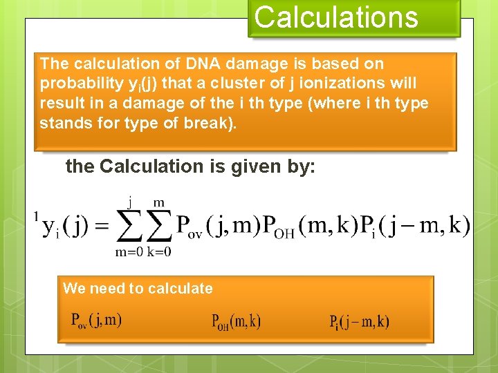 Calculations The calculation of DNA damage is based on probability yi(j) that a cluster