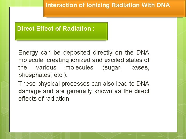 Interaction of Ionizing Radiation With DNA Direct Effect of Radiation : Energy can be