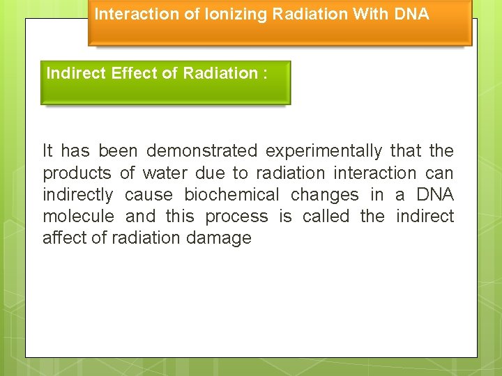 Interaction of Ionizing Radiation With DNA Indirect Effect of Radiation : It has been