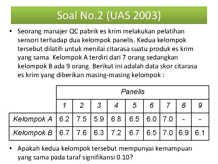 Soal No. 2 (UAS 2003) • Seorang manajer QC pabrik es krim melakukan pelatihan