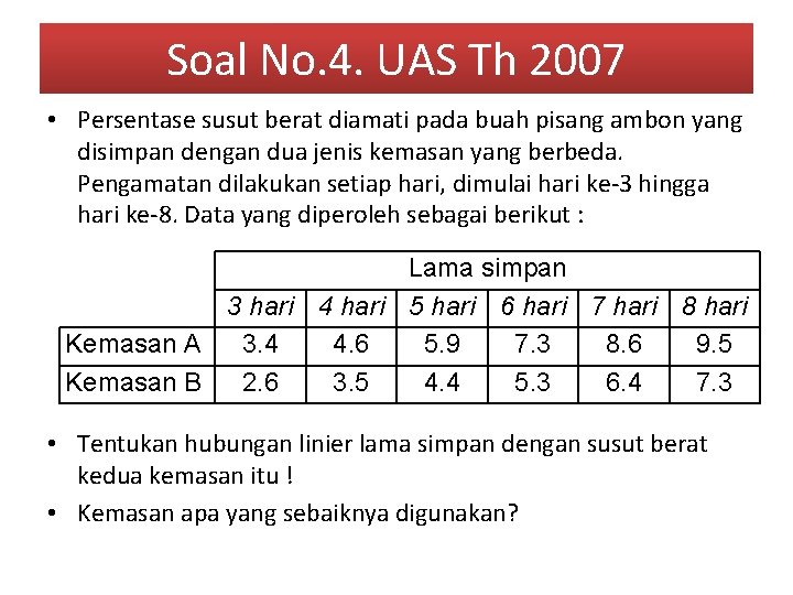 Soal No. 4. UAS Th 2007 • Persentase susut berat diamati pada buah pisang