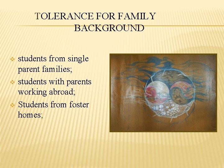 TOLERANCE FOR FAMILY BACKGROUND v v v students from single parent families; students with