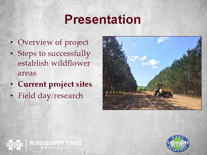 Presentation • Overview of project • Steps to successfully establish wildflower areas • Current