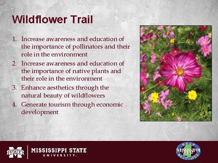 Wildflower Trail 1. Increase awareness and education of the importance of pollinators and their