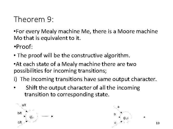 Theorem 9: • For every Mealy machine Me, there is a Moore machine Mo