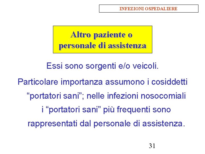 INFEZIONI OSPEDALIERE Altro paziente o personale di assistenza Essi sono sorgenti e/o veicoli. Particolare