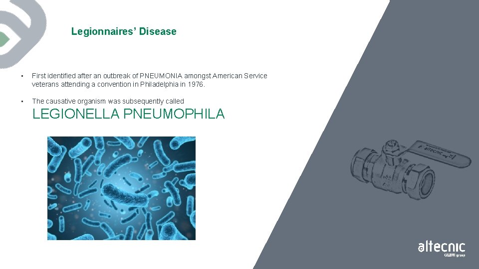 Legionnaires’ Disease • First identified after an outbreak of PNEUMONIA amongst American Service veterans