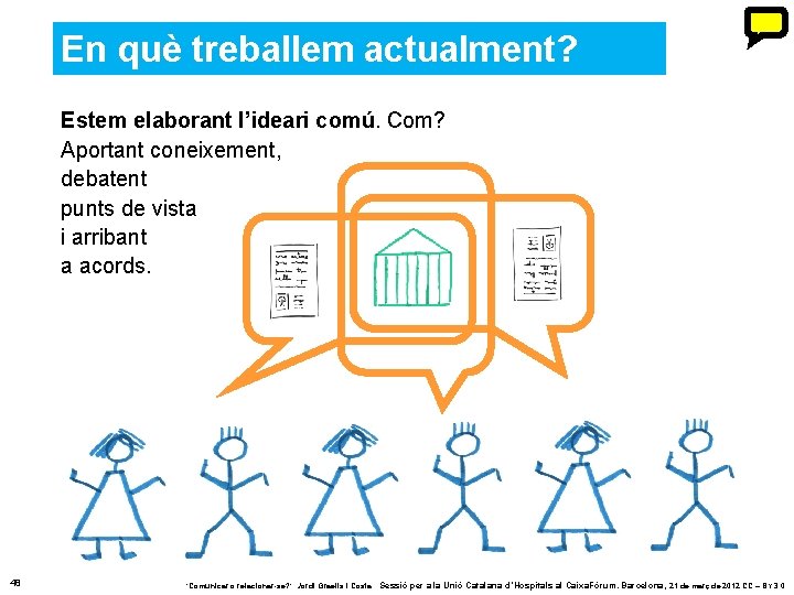 En què treballem actualment? Estem elaborant l’ideari comú. Com? Aportant coneixement, debatent punts de En què treballem actualment? Estem elaborant l’ideari comú. Com? Aportant coneixement, debatent punts de