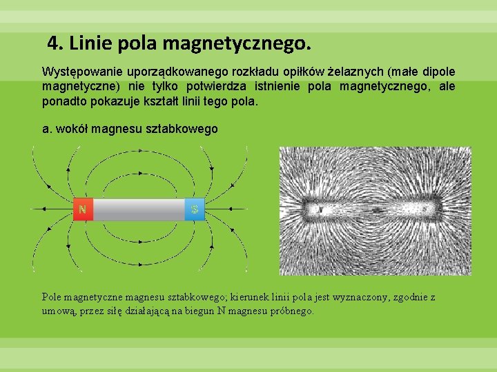 4. Linie pola magnetycznego. Występowanie uporządkowanego rozkładu opiłków żelaznych (małe dipole magnetyczne) nie tylko