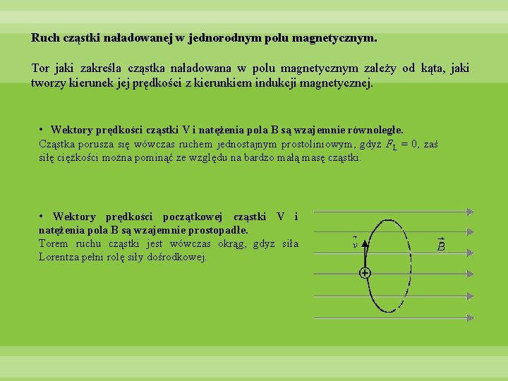 Ruch cząstki naładowanej w jednorodnym polu magnetycznym. Tor jaki zakreśla cząstka naładowana w polu