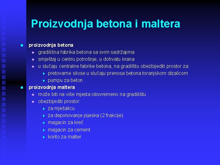 Proizvodnja betona i maltera n n proizvodnja betona u gradilišna fabrika betona sa svim