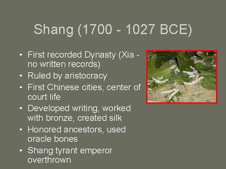 Shang (1700 - 1027 BCE) • First recorded Dynasty (Xia no written records) •