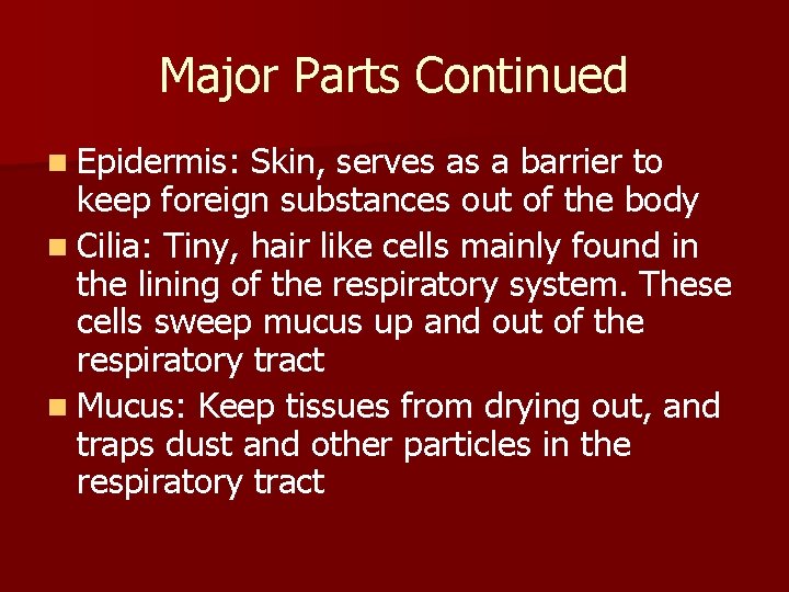 Major Parts Continued n Epidermis: Skin, serves as a barrier to keep foreign substances Major Parts Continued n Epidermis: Skin, serves as a barrier to keep foreign substances
