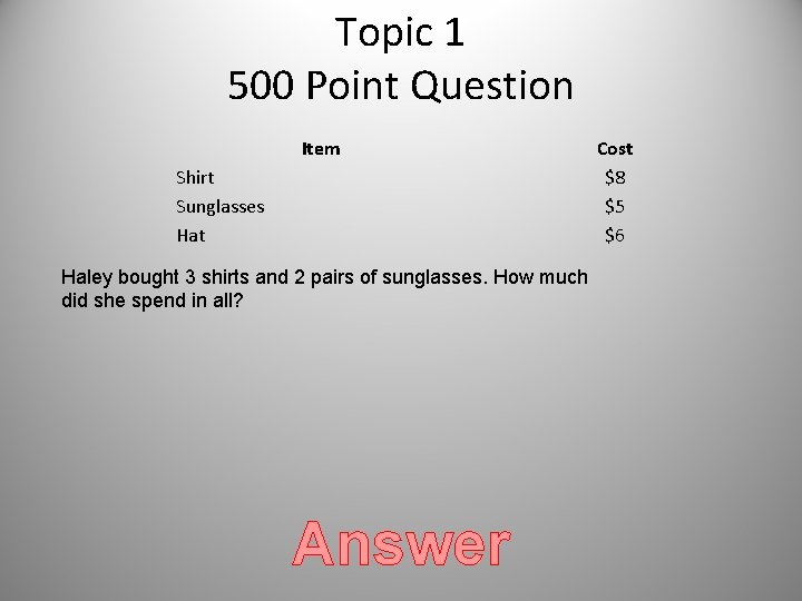 Topic 1 500 Point Question Item Shirt Sunglasses Hat Haley bought 3 shirts and Topic 1 500 Point Question Item Shirt Sunglasses Hat Haley bought 3 shirts and