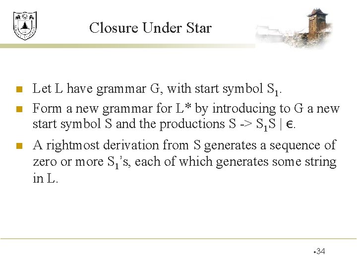 Closure Under Star n n n Let L have grammar G, with start symbol