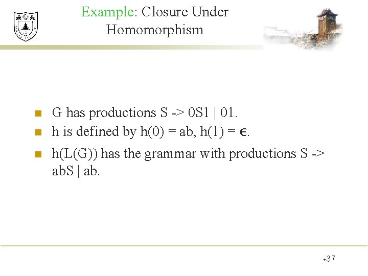 Example: Closure Under Homomorphism n n n G has productions S -> 0 S