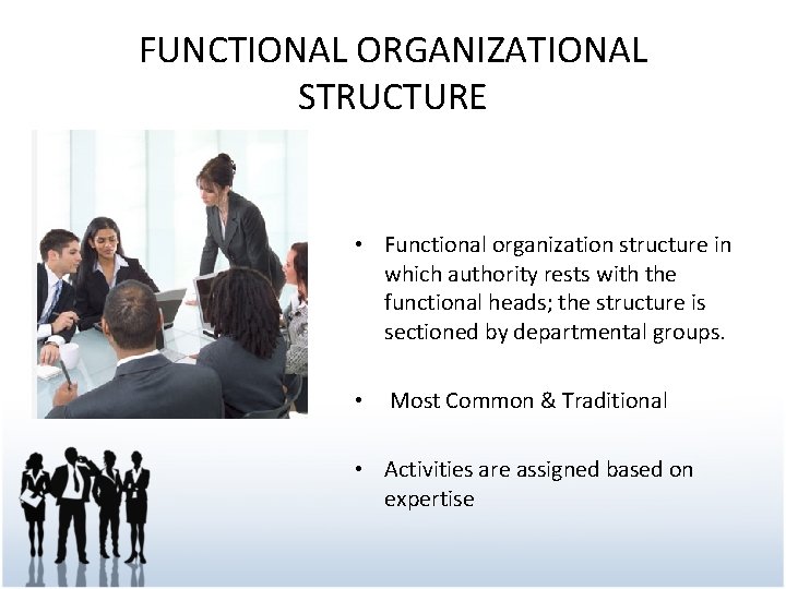 FUNCTIONAL ORGANIZATIONAL STRUCTURE • Functional organization structure in which authority rests with the functional
