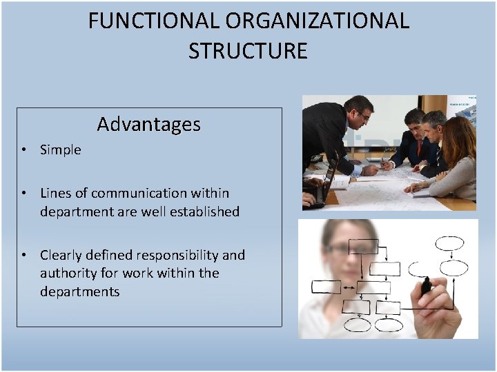 FUNCTIONAL ORGANIZATIONAL STRUCTURE Advantages • Simple • Lines of communication within department are well