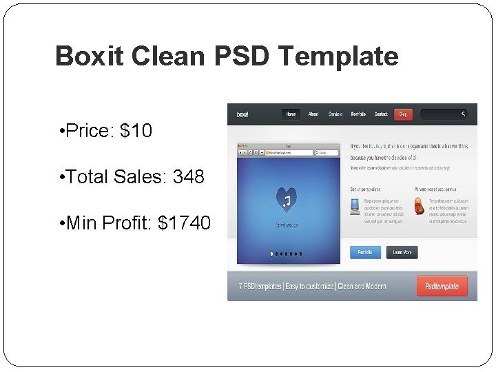 Boxit Clean PSD Template • Price: $10 • Total Sales: 348 • Min Profit: