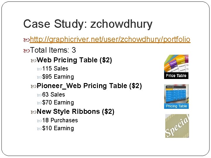 Case Study: zchowdhury http: //graphicriver. net/user/zchowdhury/portfolio Total Items: 3 Web Pricing Table ($2) 115