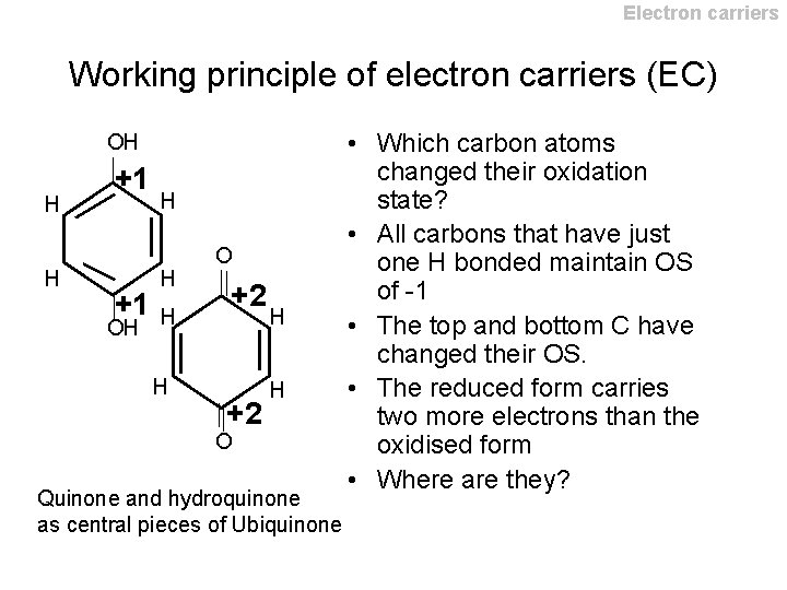 Electron carriers Working principle of electron carriers (EC) OH H H +1 +1 H Electron carriers Working principle of electron carriers (EC) OH H H +1 +1 H