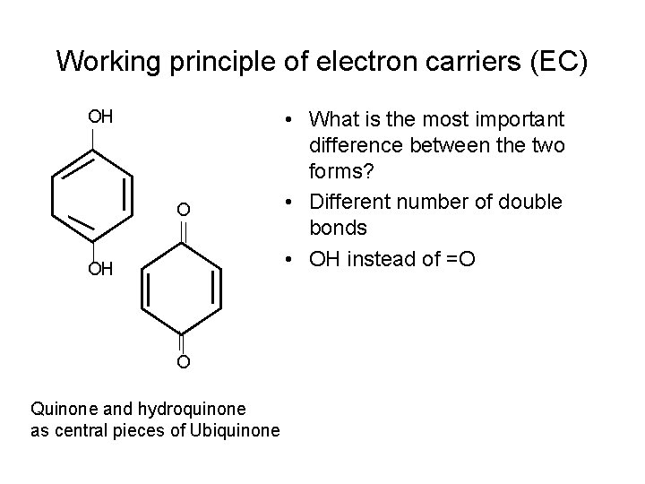 Working principle of electron carriers (EC) OH O Quinone and hydroquinone as central pieces Working principle of electron carriers (EC) OH O Quinone and hydroquinone as central pieces