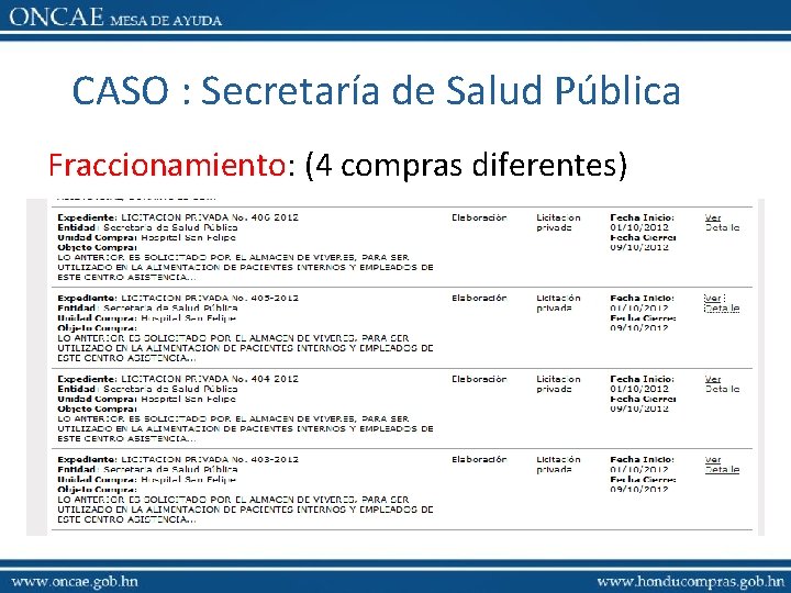 CASO : Secretaría de Salud Pública Fraccionamiento: (4 compras diferentes) 