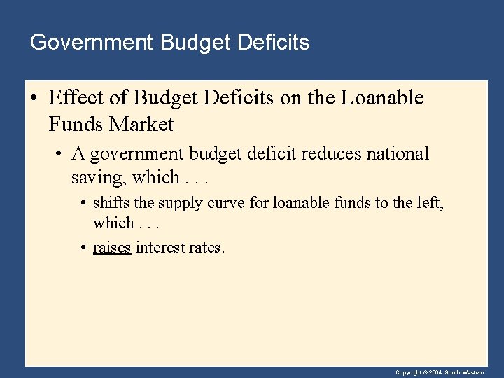 Government Budget Deficits • Effect of Budget Deficits on the Loanable Funds Market •