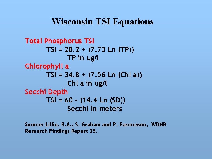Wisconsin TSI Equations Total Phosphorus TSI = 28. 2 + (7. 73 Ln (TP))