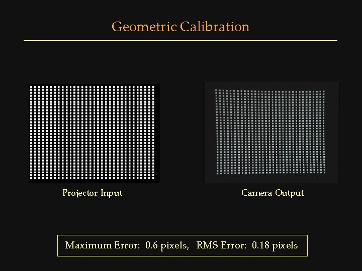 Geometric Calibration Projector Input Camera Output Maximum Error: 0. 6 pixels, RMS Error: 0.