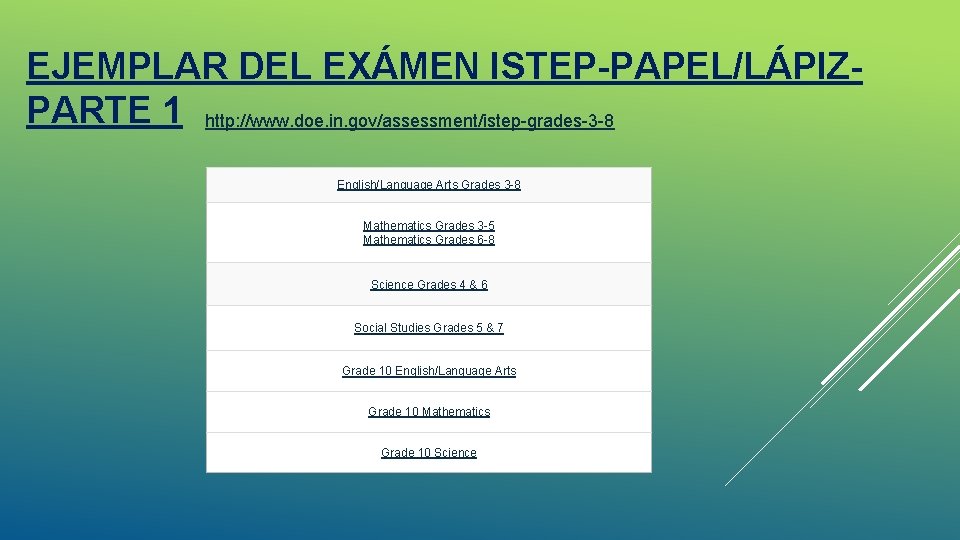 EJEMPLAR DEL EXÁMEN ISTEP-PAPEL/LÁPIZPARTE 1 http: //www. doe. in. gov/assessment/istep-grades-3 -8 English/Language Arts Grades