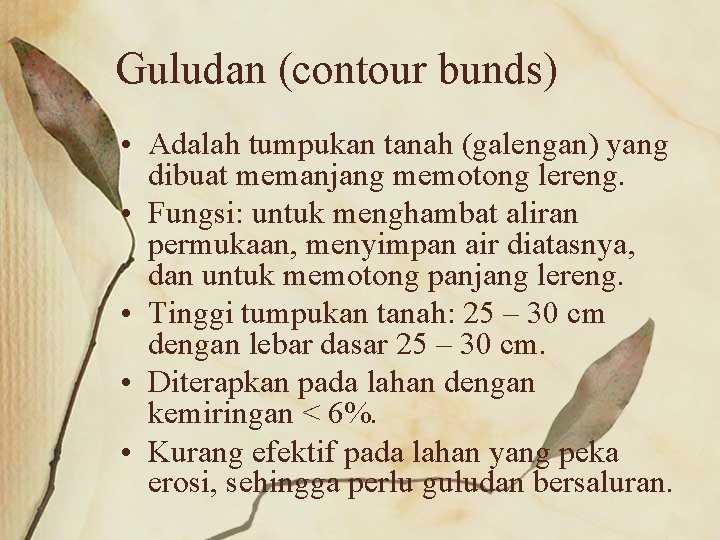 Guludan (contour bunds) • Adalah tumpukan tanah (galengan) yang dibuat memanjang memotong lereng. •