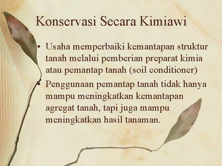 Konservasi Secara Kimiawi • Usaha memperbaiki kemantapan struktur tanah melalui pemberian preparat kimia atau