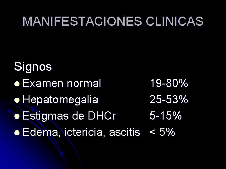 MANIFESTACIONES CLINICAS Signos l Examen normal l Hepatomegalia l Estigmas de DHCr l Edema,