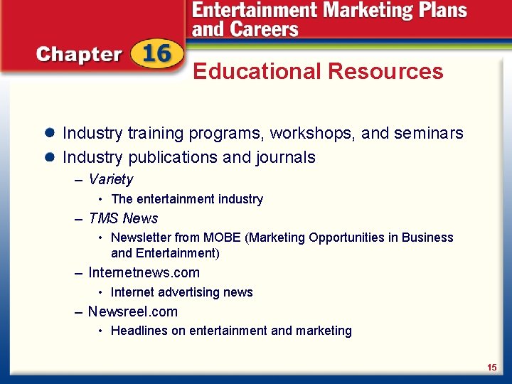 Educational Resources Industry training programs, workshops, and seminars Industry publications and journals – Variety