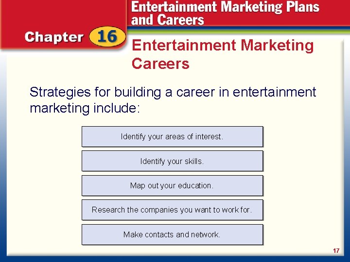 Entertainment Marketing Careers Strategies for building a career in entertainment marketing include: Identify your