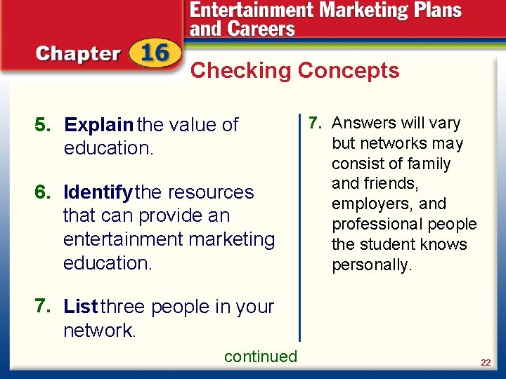 Checking Concepts 5. Explain the value of education. 6. Identify the resources that can