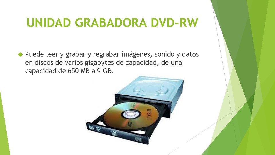 UNIDAD GRABADORA DVD-RW Puede leer y grabar y regrabar imágenes, sonido y datos en