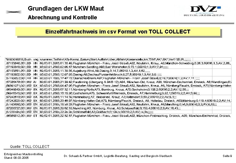 Grundlagen der LKW Maut Abrechnung und Kontrolle Einzelfahrtnachweis im csv Format von TOLL COLLECT