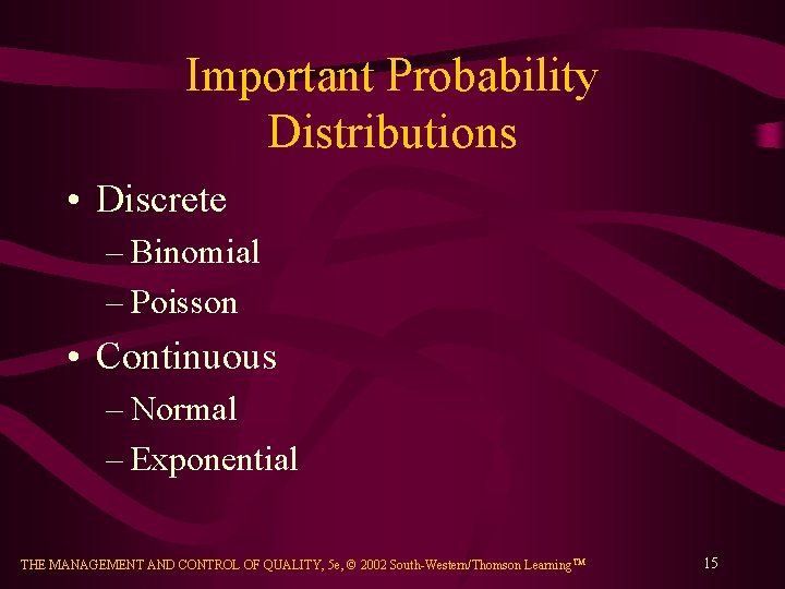 Important Probability Distributions • Discrete – Binomial – Poisson • Continuous – Normal –