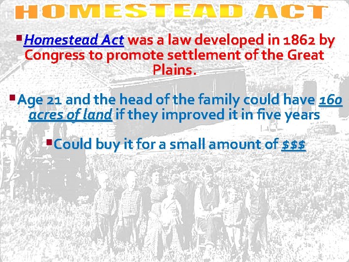  Homestead Act was a law developed in 1862 by Congress to promote settlement