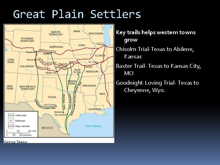 Great Plain Settlers Key trails helps western towns grow Chisolm Trial-Texas to Abilene, Kansas