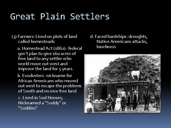 Great Plain Settlers (3) Farmers-Lived on plots of land called homesteads a. Homestead Act