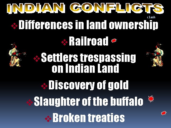 clash v. Differences in land ownership v. Railroad v. Settlers trespassing on Indian Land