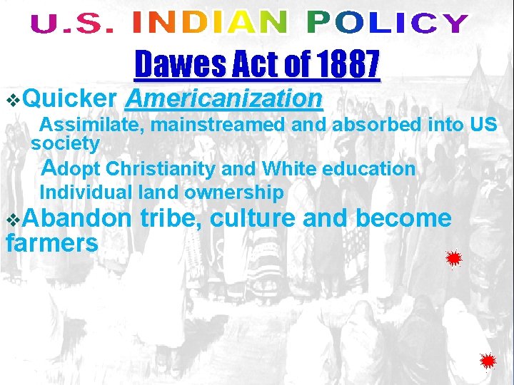 Dawes Act of 1887 v. Quicker Americanization Assimilate, mainstreamed and absorbed into US society