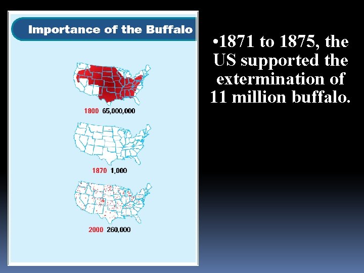  • 1871 to 1875, the US supported the extermination of 11 million buffalo.