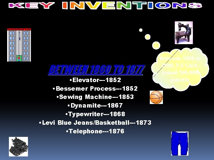 BETWEEN 1860 TO 1877 • Elevator---1852 • Bessemer Process---1852 • Sewing Machine---1853 • Dynamite---1867