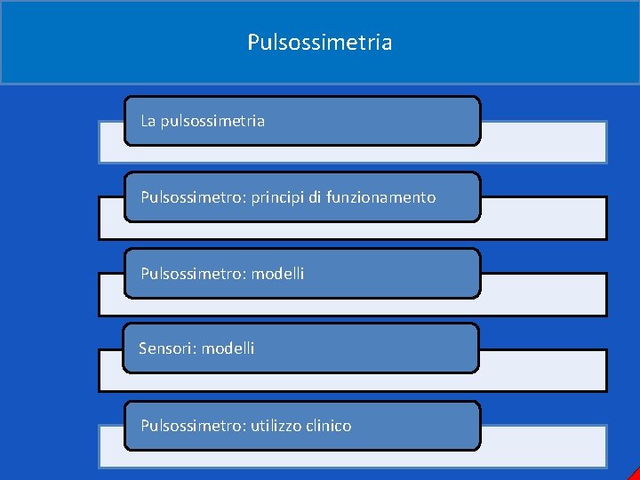 Pulsossimetria La pulsossimetria Pulsossimetro: principi di funzionamento Pulsossimetro: modelli Sensori: modelli Pulsossimetro: utilizzo clinico