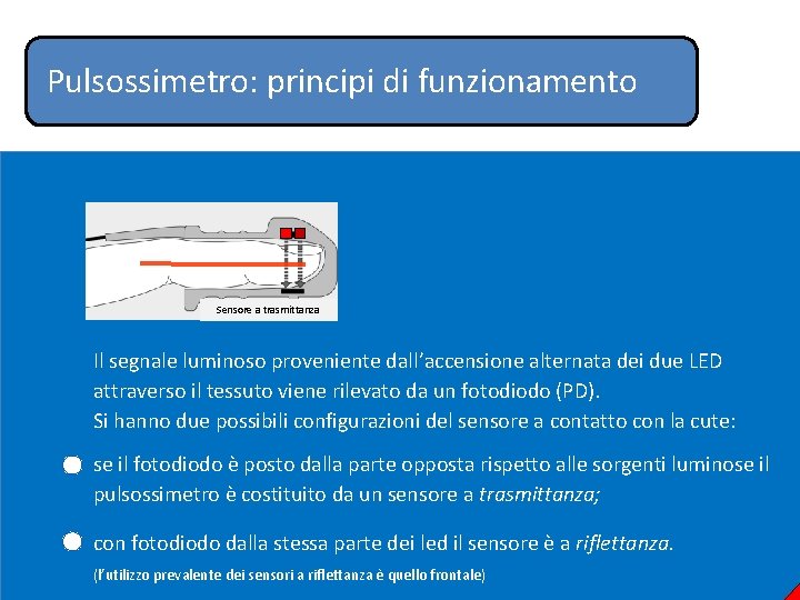 Pulsossimetro: principi di funzionamento Sensore a trasmittanza Il segnale luminoso proveniente dall’accensione alternata dei