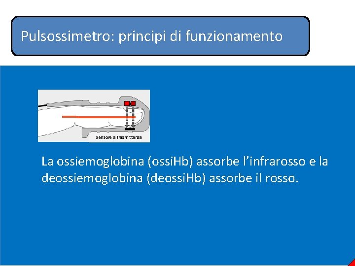 Pulsossimetro: principi di funzionamento Sensore a trasmittanza La ossiemoglobina (ossi. Hb) assorbe l’infrarosso e